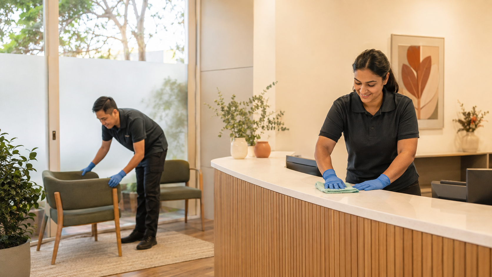 BNR Services cleaner completing a quality-focused workplace clean