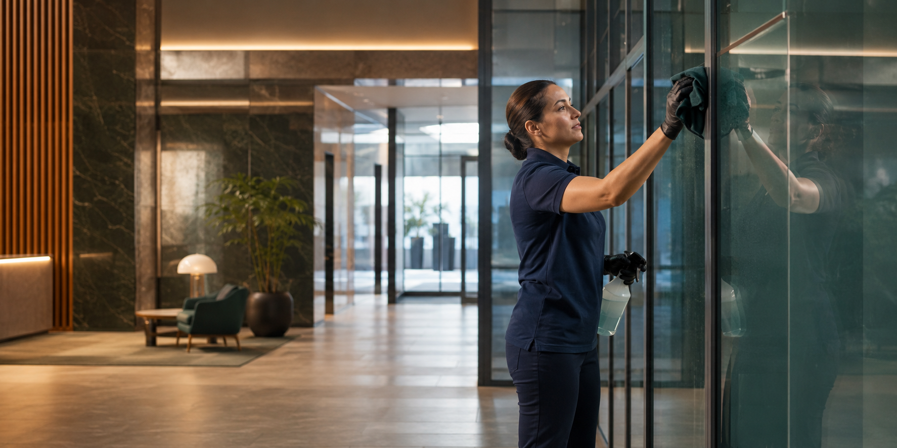 Professional commercial cleaner maintaining a modern Sydney workplace